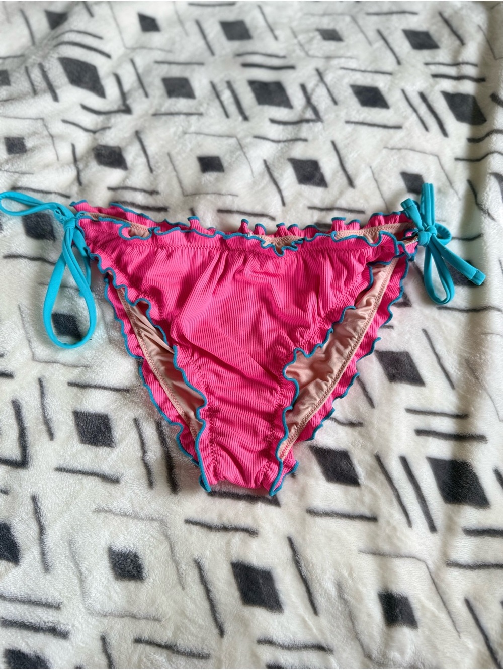 Ruffled Pink Bikini Bottom with Teal Ties